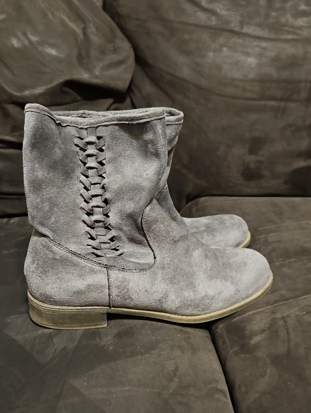 Mojo Moxy Gray Faux Suede Braided-Side Ankle Boots